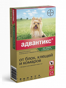Bayer АДВАНТИКС Капли для щенков и собак до 4кг от блох, клещей и комаров 4пипетки*0,4мл
