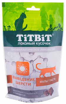 Лакомства TitBit для кошек Хрустящие подушечки с говядиной для выведения шерсти 60г